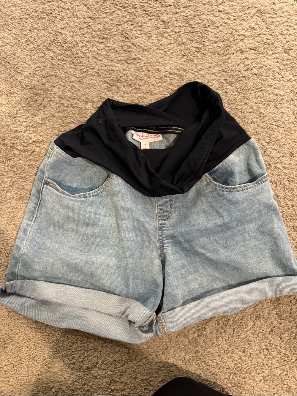 Light Wash Denim Maternity Shorts with Black Comfort Waistband